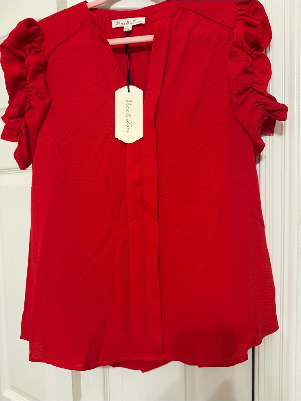 Vine & Love Red Ruffle Sleeve V-Neck Blouse